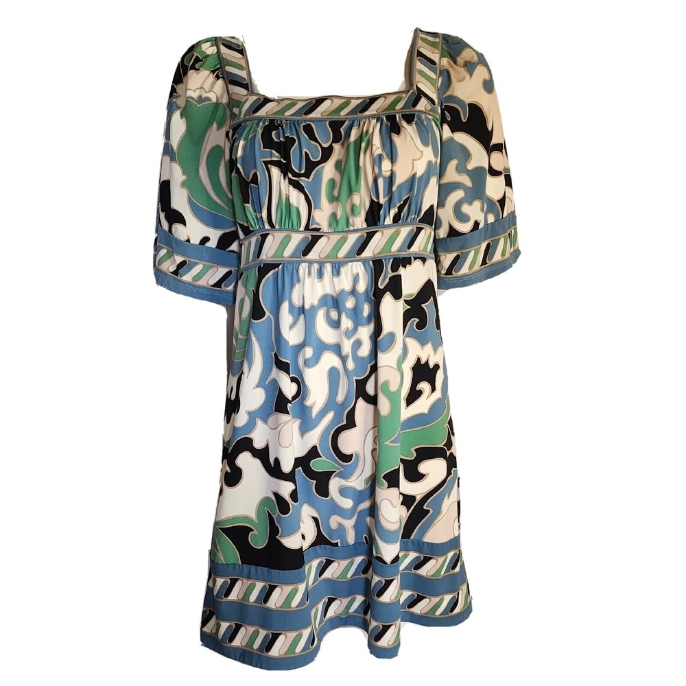 Bcbgmaxazria Dress Womens Size S Small‎ Blue Green Wavy Pattern Short Sleeve 70s